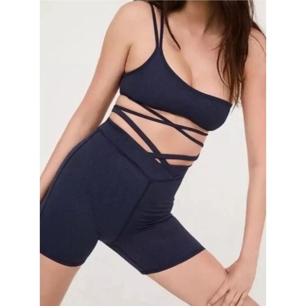 For Love & Lemons Chloe Midnight Blue Waist Strap Ribbed Bike Shorts S
